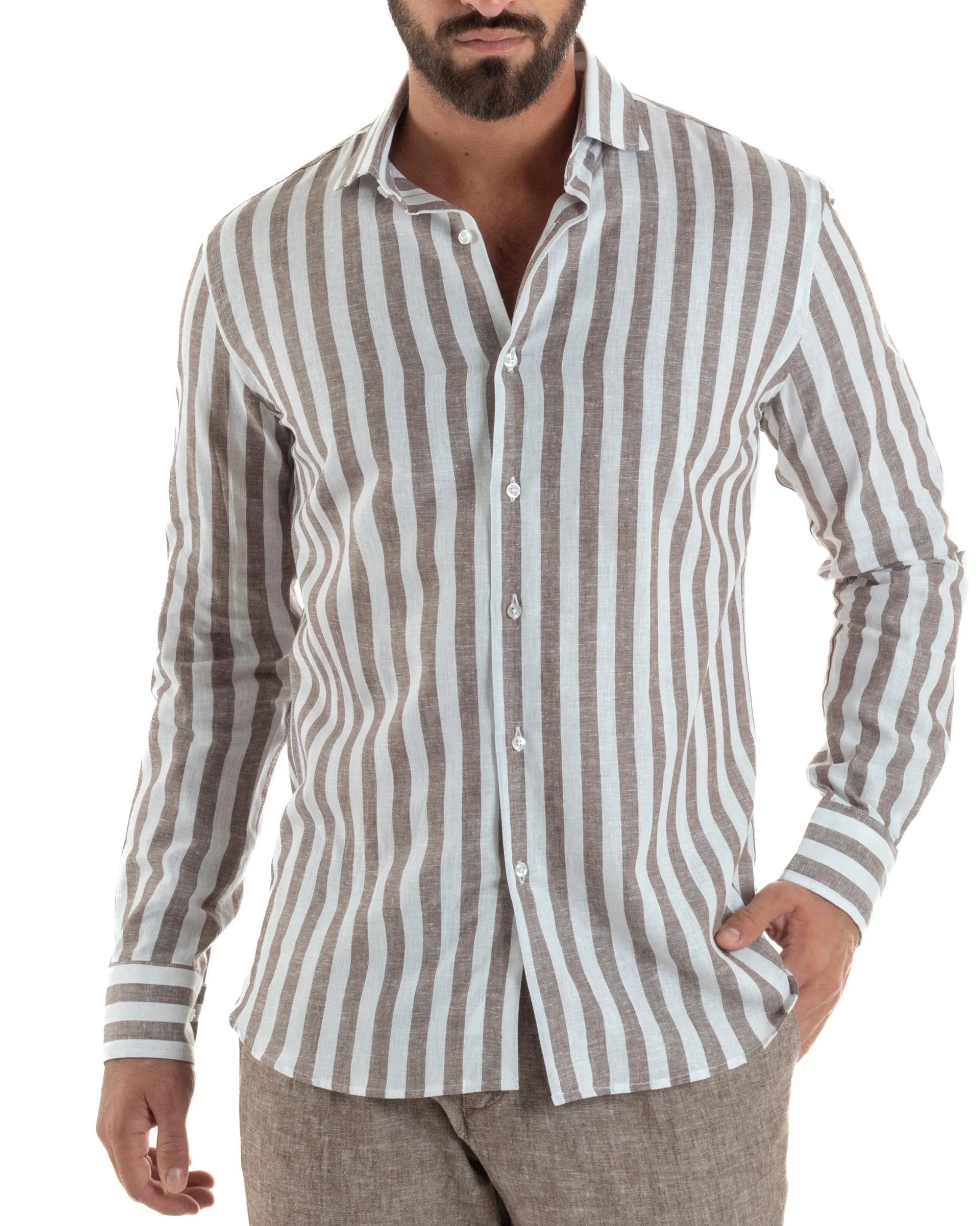 Camicia uomo lino collo francese rigata larga marrone GIOSAL-C3087A