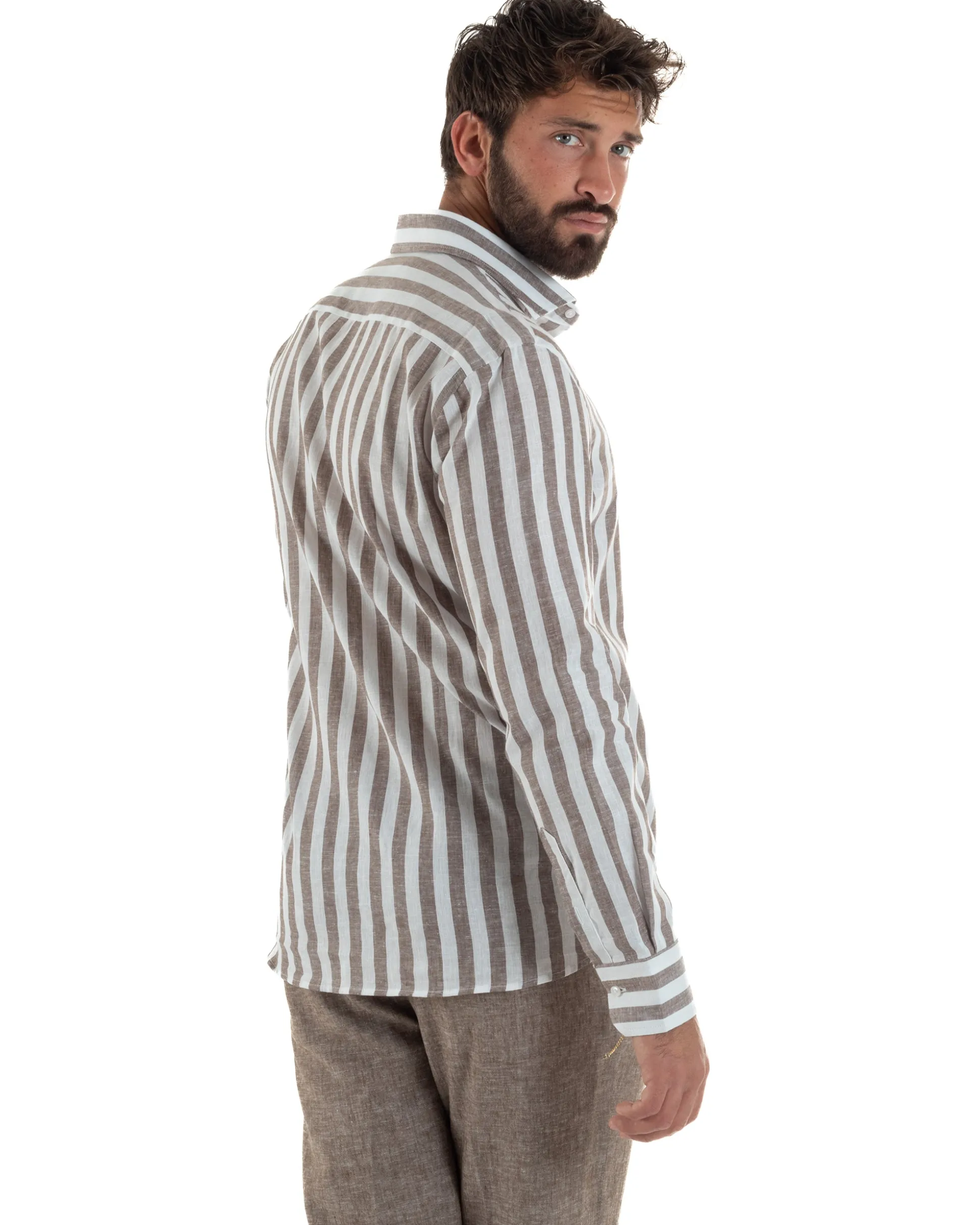 Camicia uomo lino collo francese rigata larga marrone GIOSAL-C3087A