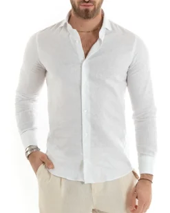 Camicia uomo lino collo francese sartoriale casual bianco GIOSAL-C2711A