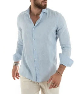 Camicia Uomo Lino Collo Francese Sartoriale Celeste Melangiata C2686A