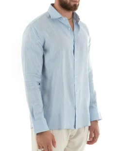 Camicia Uomo Lino Collo Francese Sartoriale Celeste Melangiata C2686A