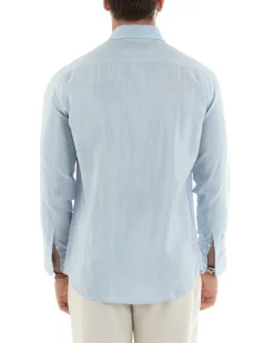 Camicia Uomo Lino Collo Francese Sartoriale Celeste Melangiata C2686A