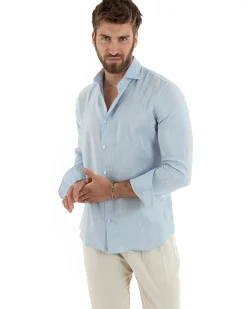Camicia Uomo Lino Collo Francese Sartoriale Celeste Melangiata C2686A