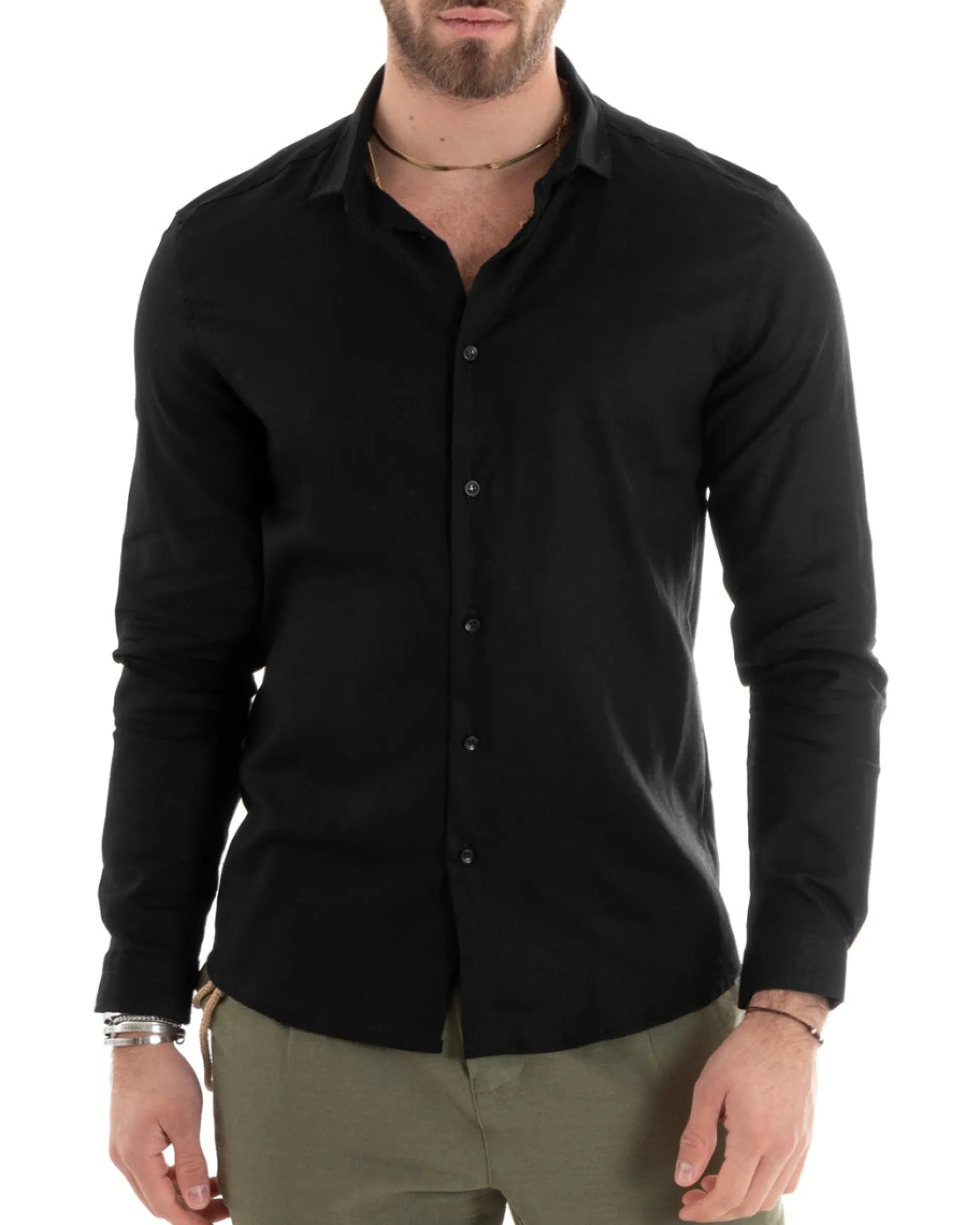 Camicia Uomo Lino Collo Francese Sartoriale Nero C2715A