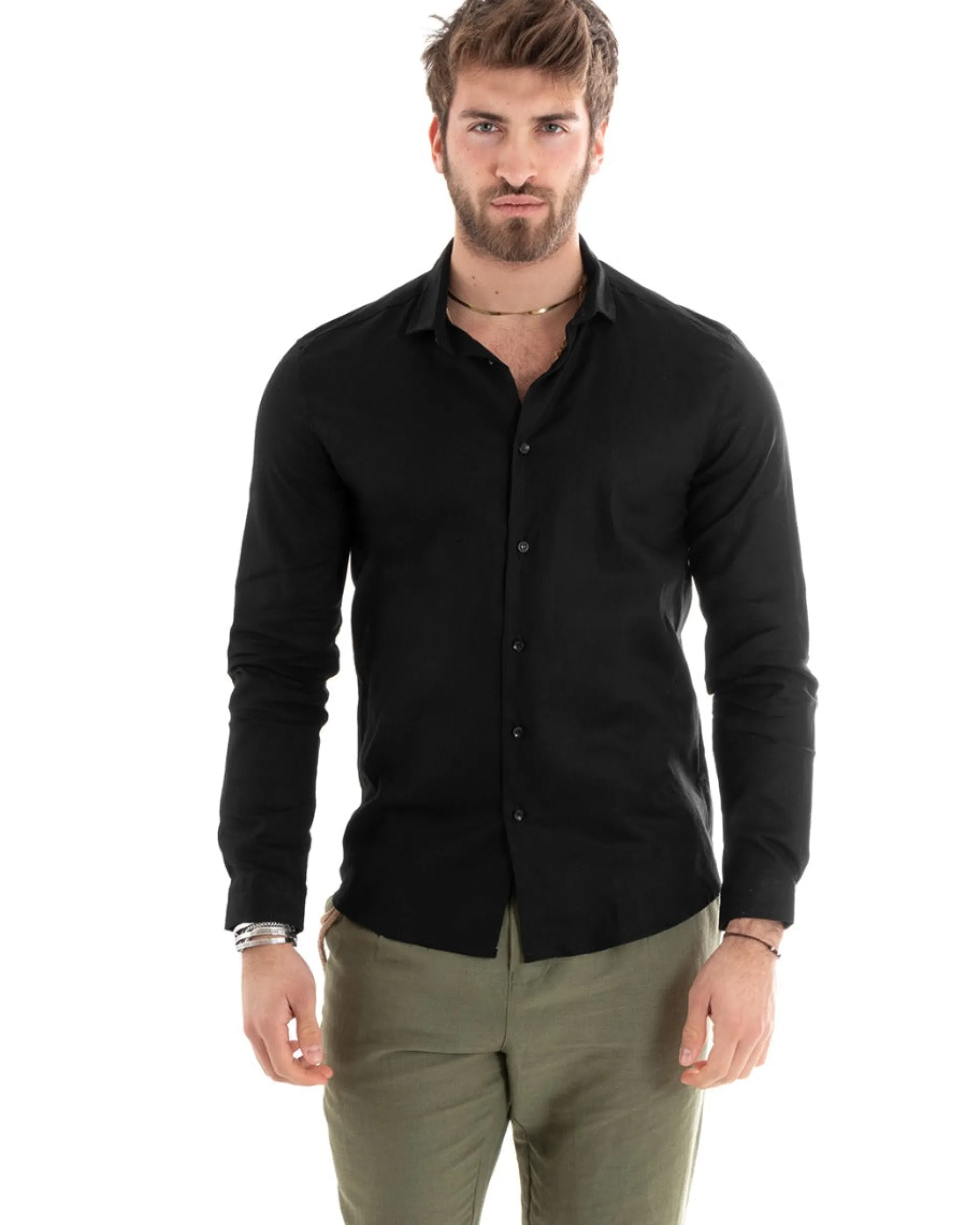 Camicia Uomo Lino Collo Francese Sartoriale Nero C2715A