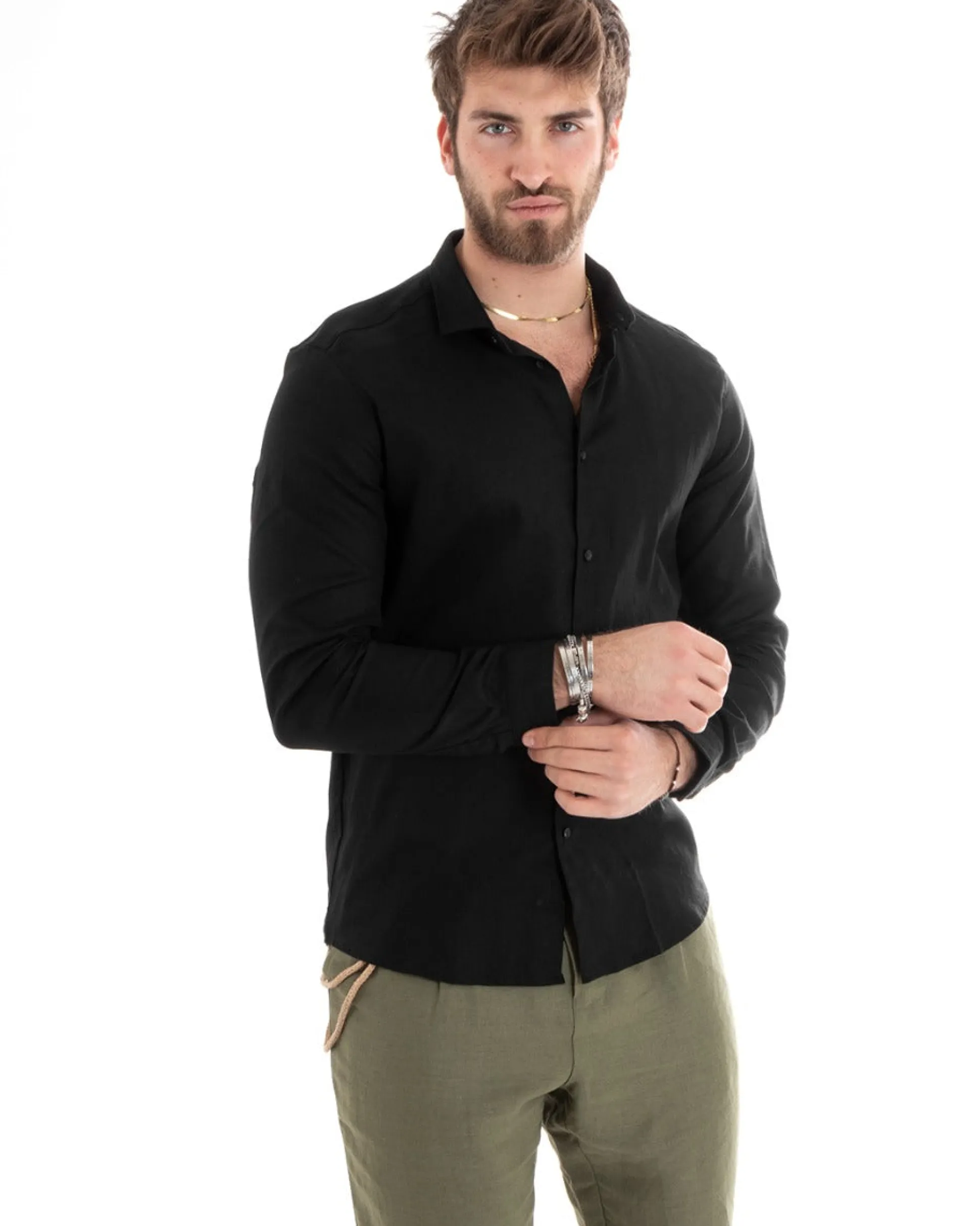 Camicia Uomo Lino Collo Francese Sartoriale Nero C2715A