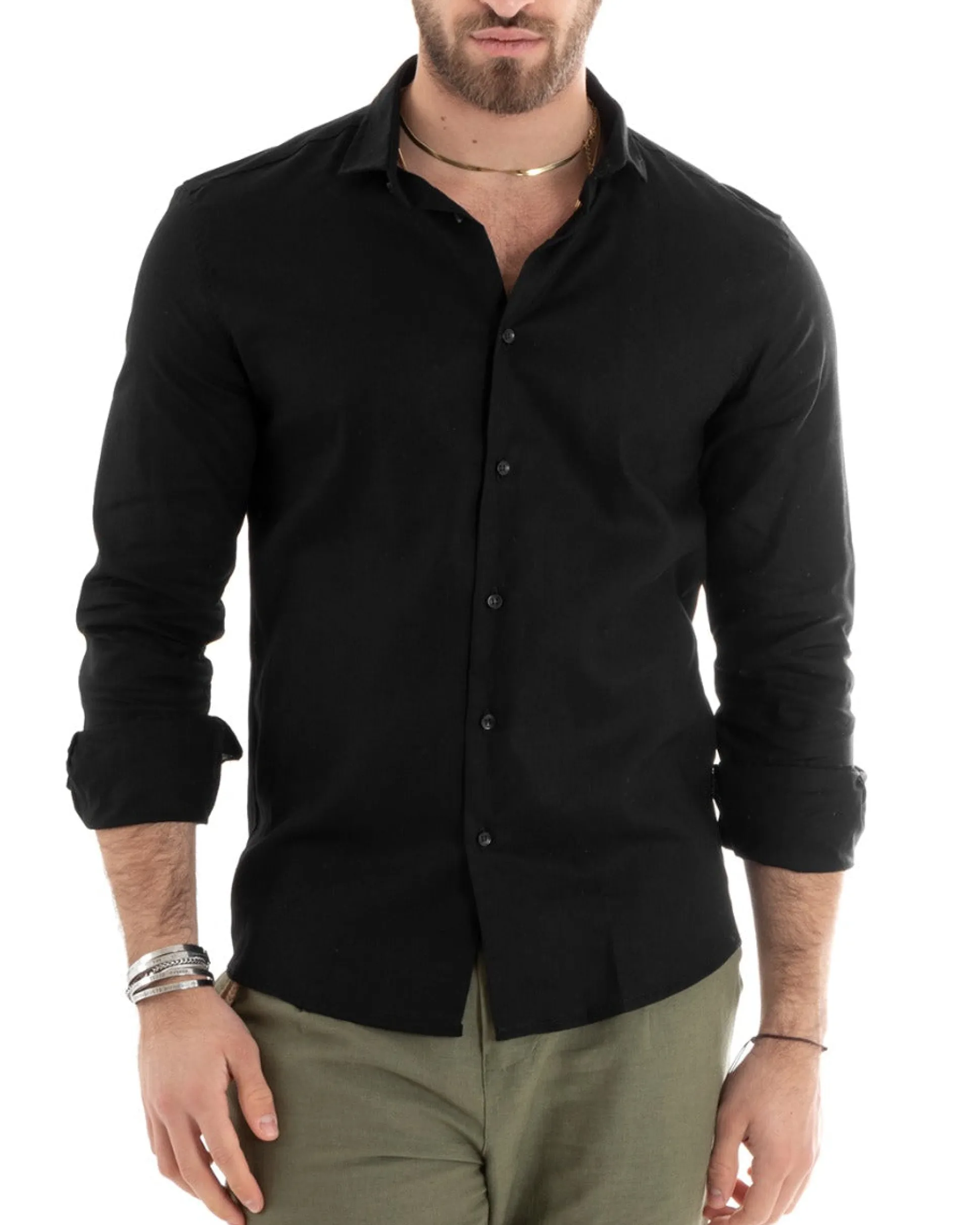 Camicia Uomo Lino Collo Francese Sartoriale Nero C2715A