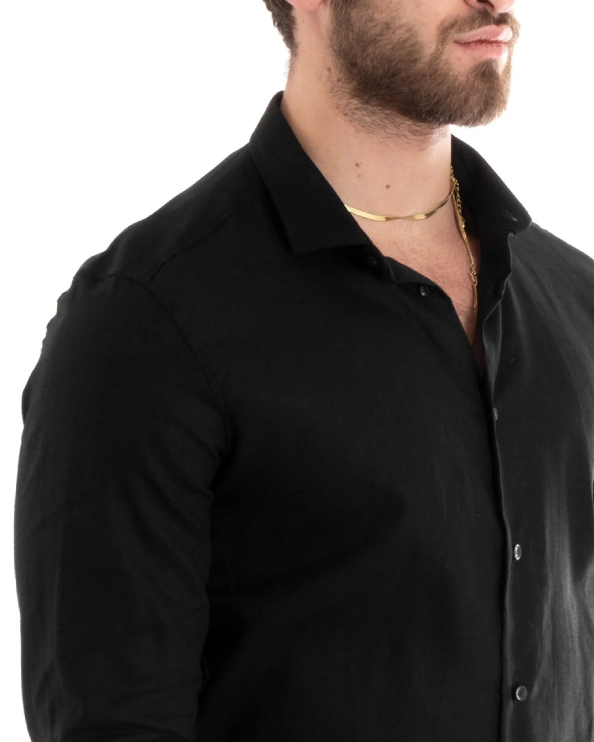 Camicia Uomo Lino Collo Francese Sartoriale Nero C2715A