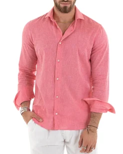 Camicia Uomo Lino Collo Francese Sartoriale Corallo Melangiata C2680A