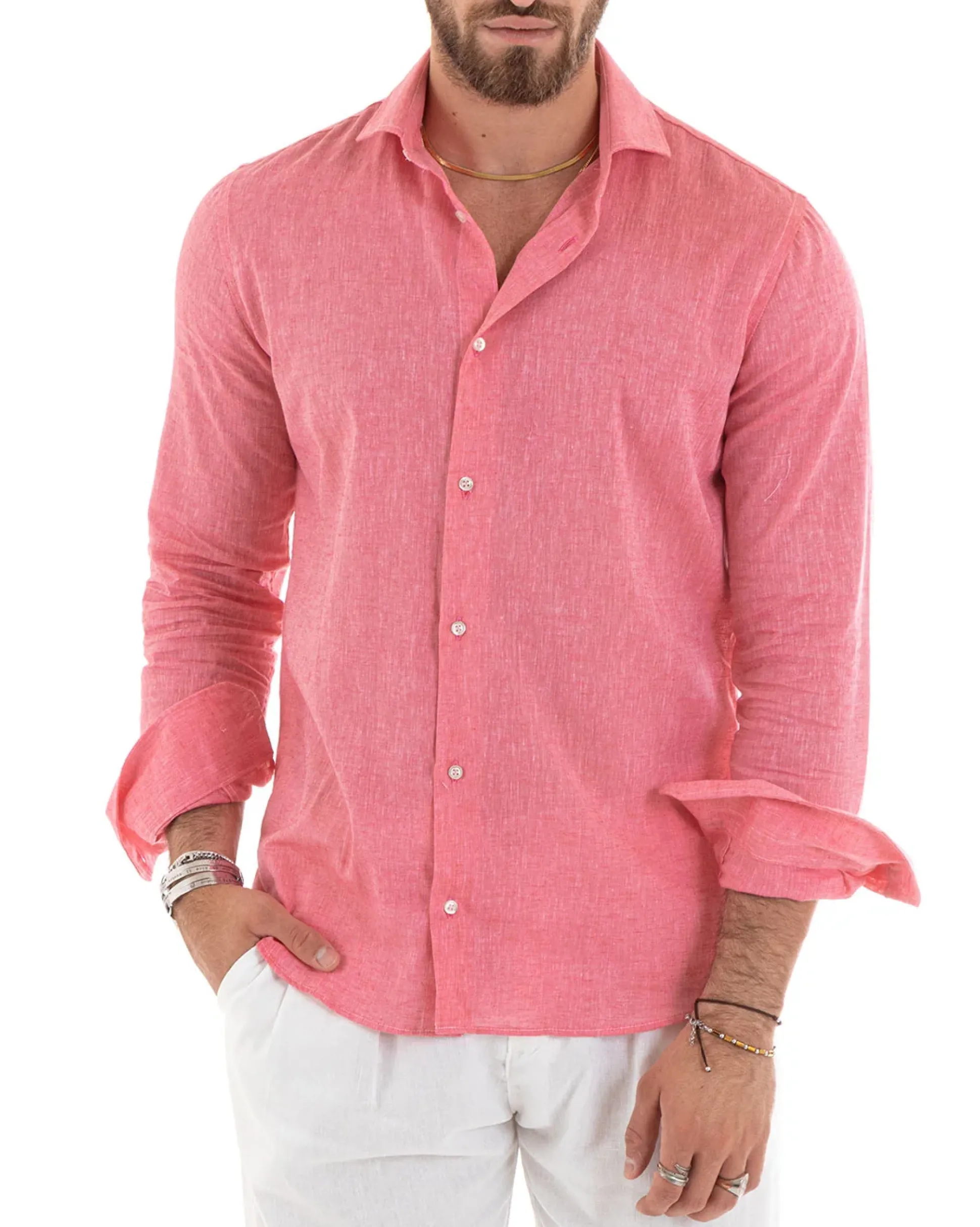 Camicia Uomo Lino Collo Francese Sartoriale Corallo Melangiata C2680A