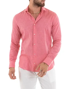 Camicia Uomo Lino Collo Francese Sartoriale Corallo Melangiata C2680A