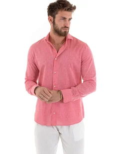 Camicia Uomo Lino Collo Francese Sartoriale Corallo Melangiata C2680A