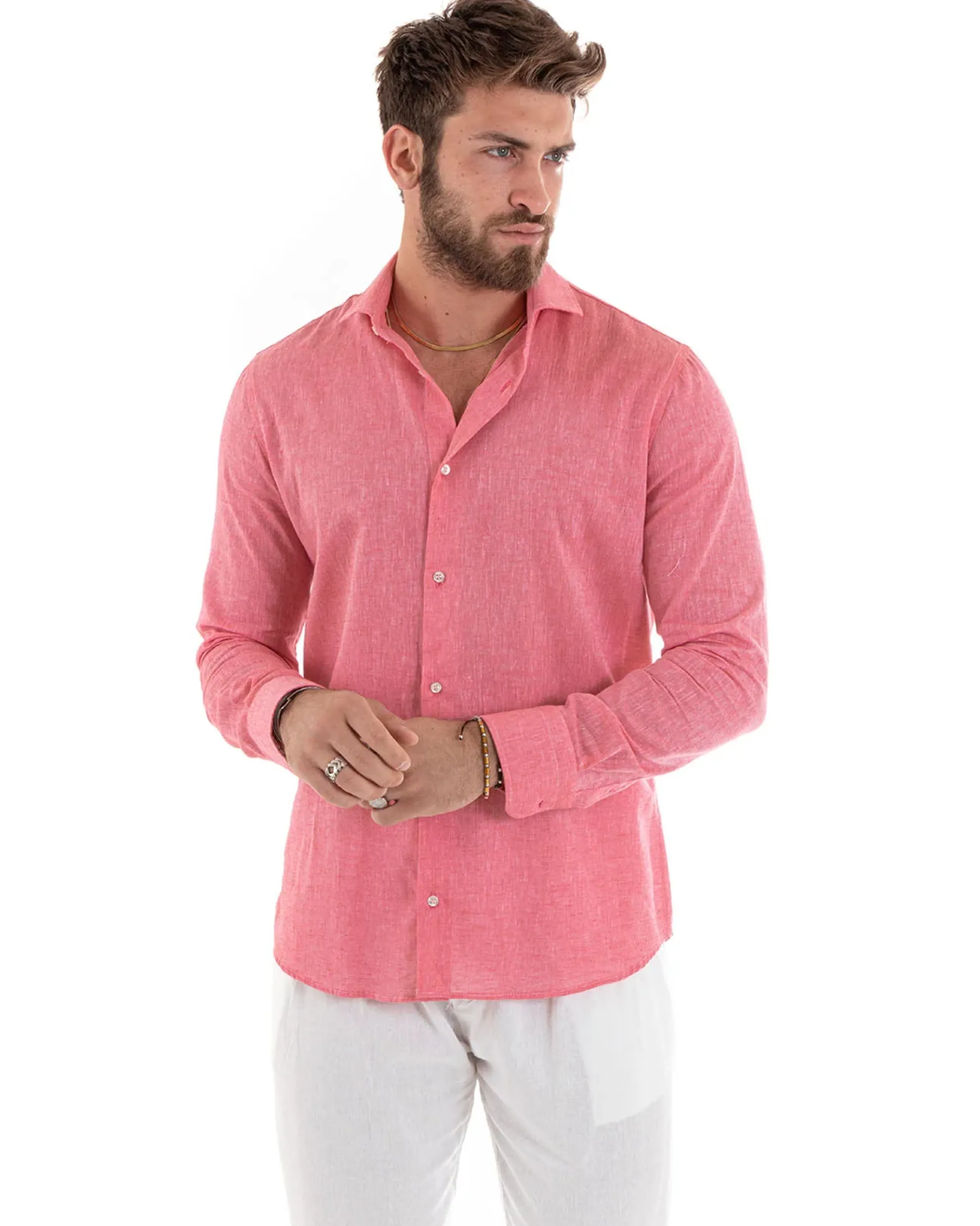 Camicia Uomo Lino Collo Francese Sartoriale Corallo Melangiata C2680A