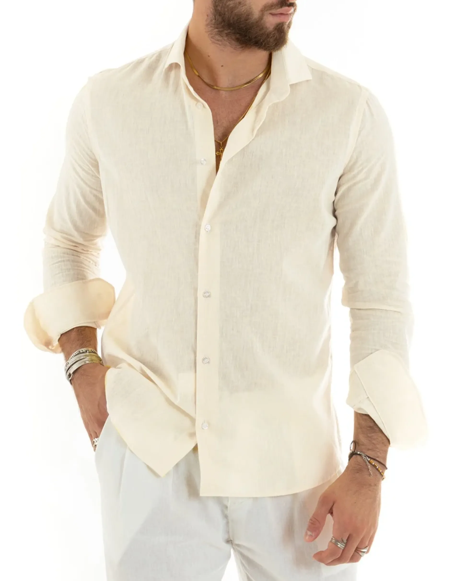 Camicia Uomo Lino Collo Francese Sartoriale Beige Melangiata C2682A