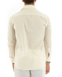 Camicia Uomo Lino Collo Francese Sartoriale Beige Melangiata C2682A