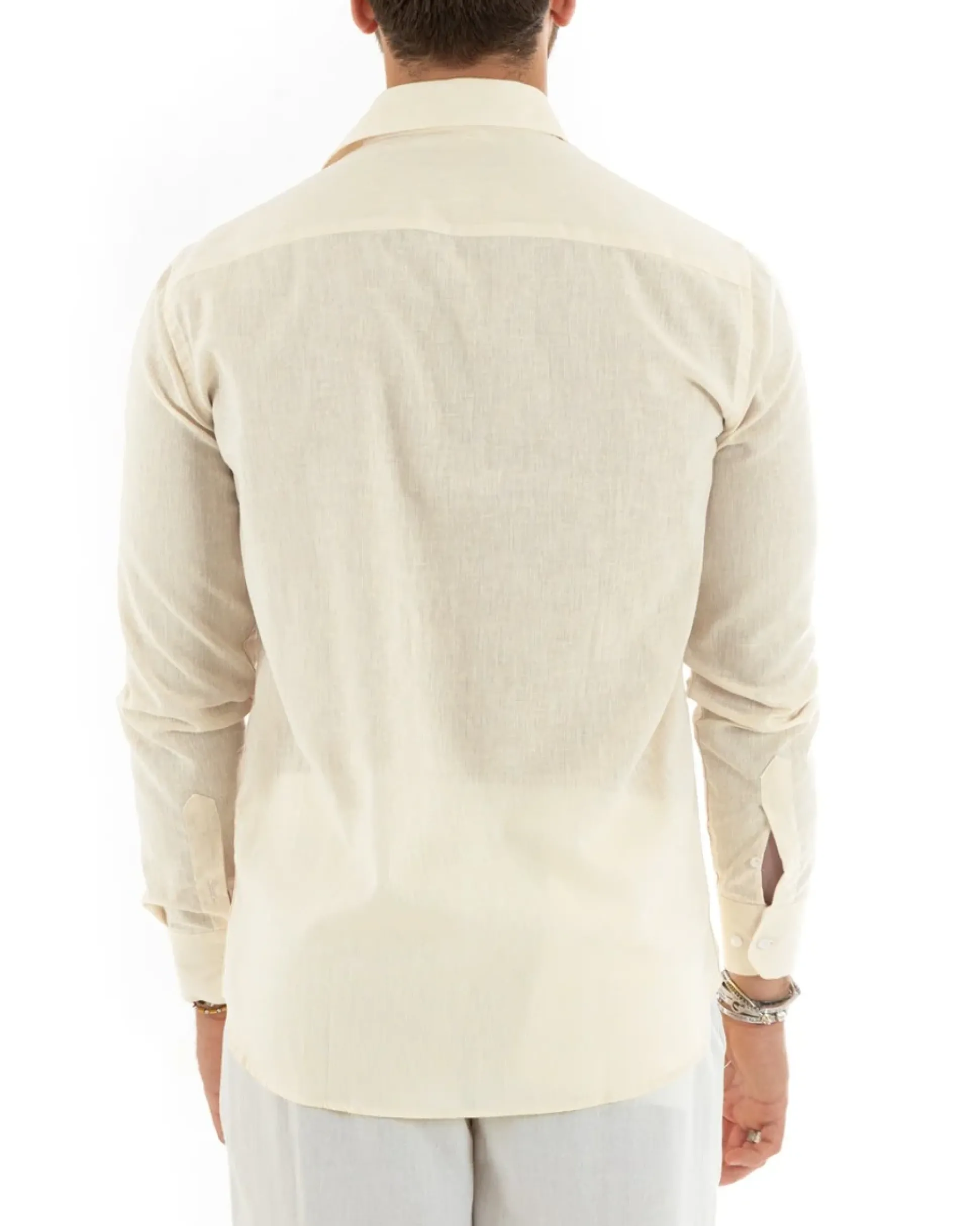 Camicia Uomo Lino Collo Francese Sartoriale Beige Melangiata C2682A