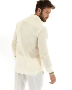Camicia Uomo Lino Collo Francese Sartoriale Beige Melangiata C2682A