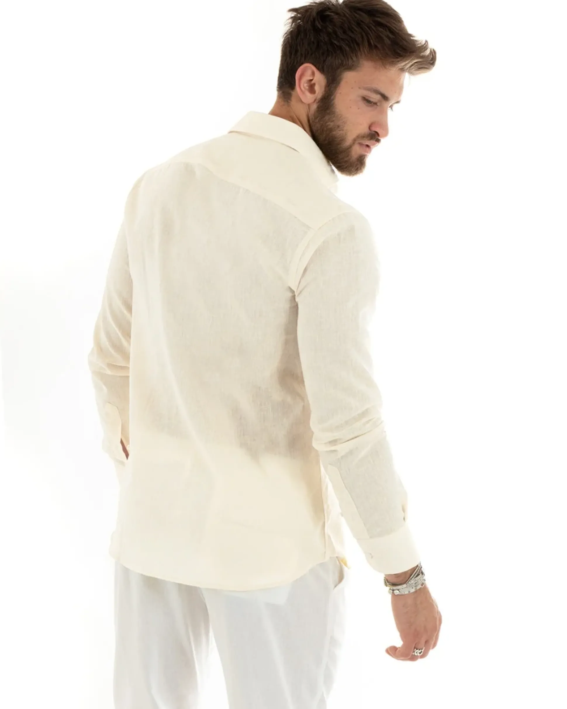 Camicia Uomo Lino Collo Francese Sartoriale Beige Melangiata C2682A