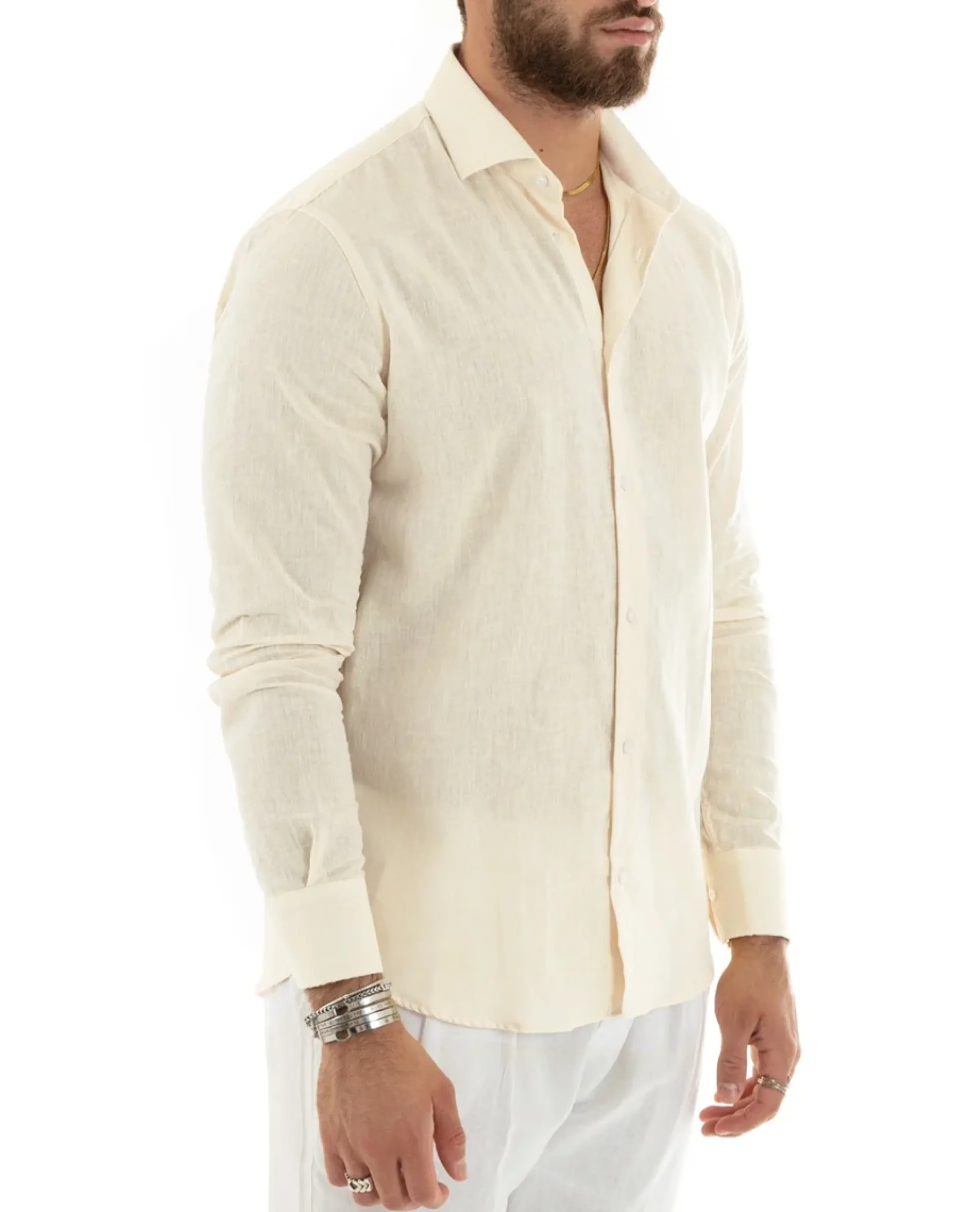 Camicia Uomo Lino Collo Francese Sartoriale Beige Melangiata C2682A