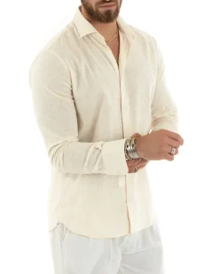 Camicia Uomo Lino Collo Francese Sartoriale Beige Melangiata C2682A
