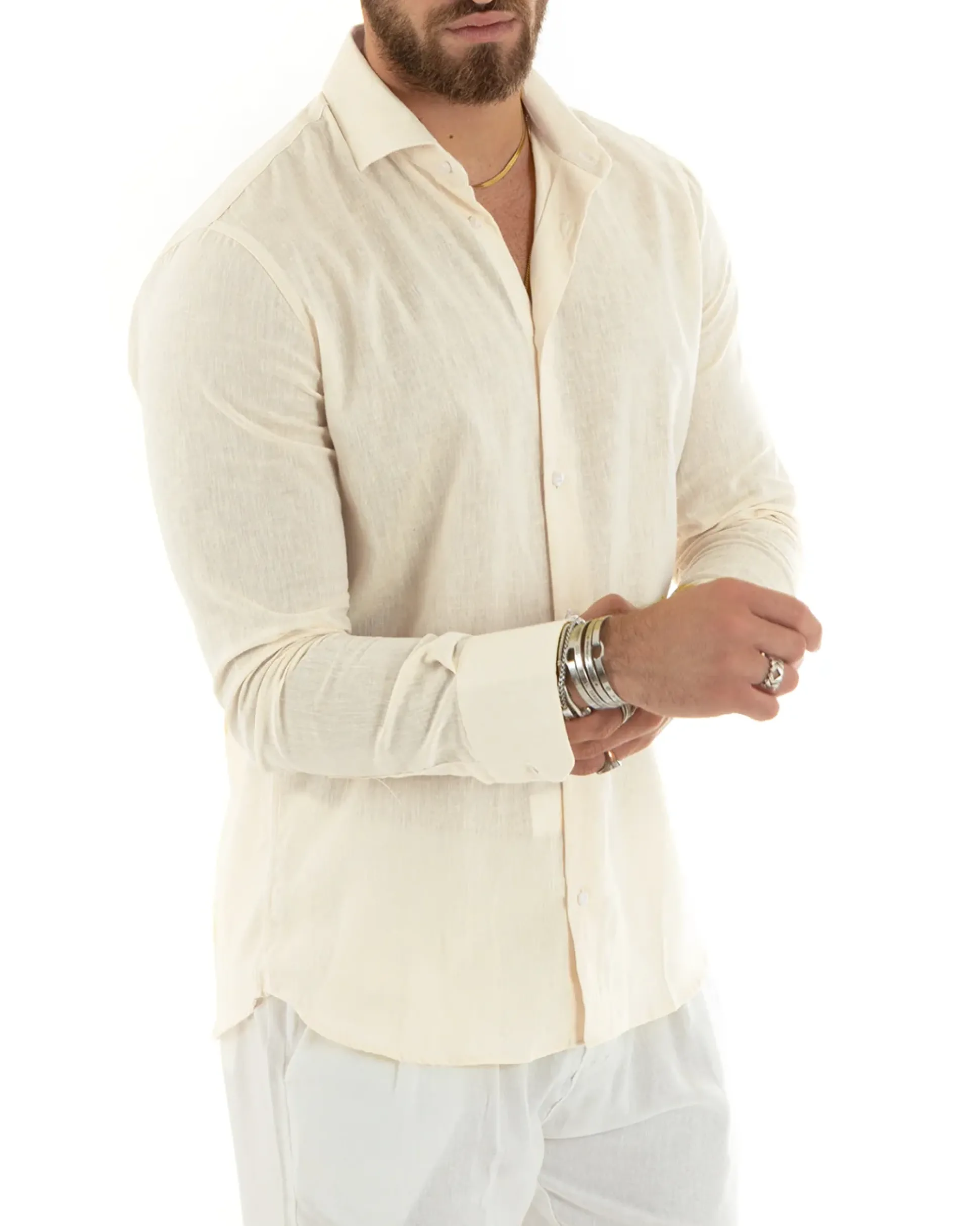 Camicia Uomo Lino Collo Francese Sartoriale Beige Melangiata C2682A
