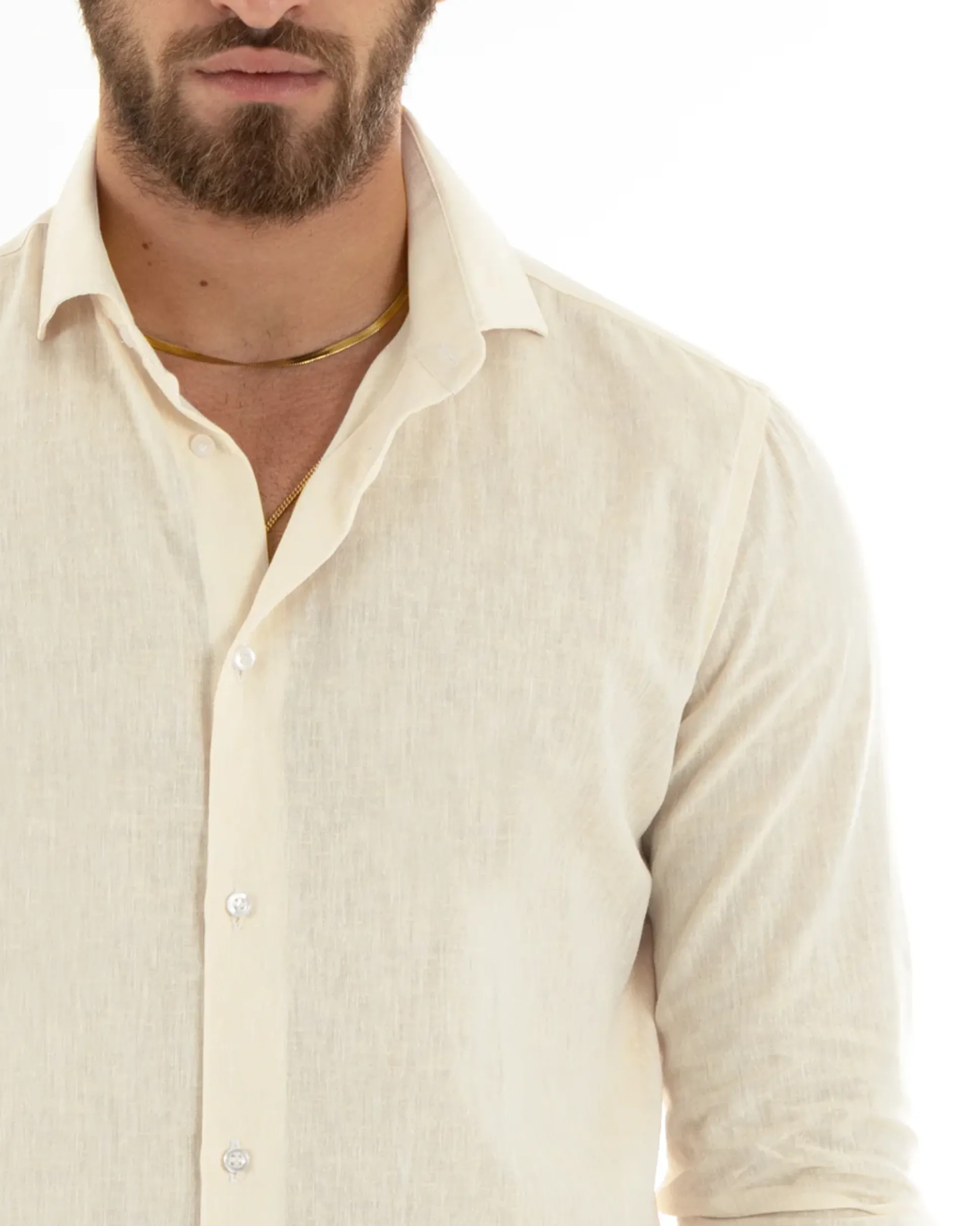Camicia Uomo Lino Collo Francese Sartoriale Beige Melangiata C2682A