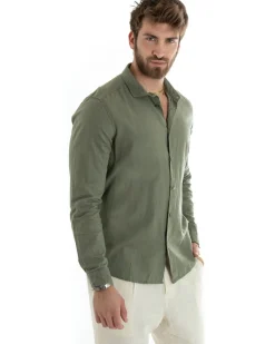 Camicia Uomo Lino Collo Francese Sartoriale Verde Militare C2713A