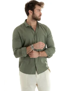 Camicia Uomo Lino Collo Francese Sartoriale Verde Militare C2713A