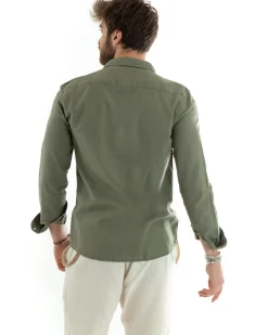 Camicia Uomo Lino Collo Francese Sartoriale Verde Militare C2713A