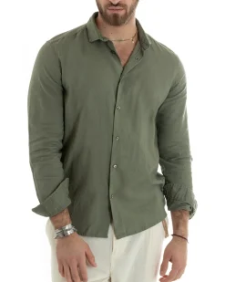 Camicia Uomo Lino Collo Francese Sartoriale Verde Militare C2713A