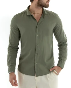 Camicia Uomo Lino Collo Francese Sartoriale Verde Militare C2713A