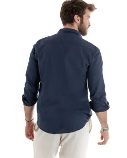 Camicia Uomo Lino Collo Francese Sartoriale Blu C2712A
