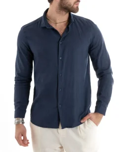 Camicia Uomo Lino Collo Francese Sartoriale Blu C2712A