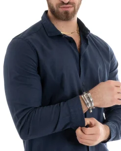 Camicia Uomo Lino Collo Francese Sartoriale Blu C2712A