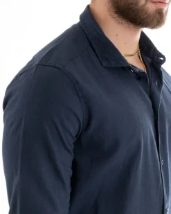 Camicia Uomo Lino Collo Francese Sartoriale Blu C2712A