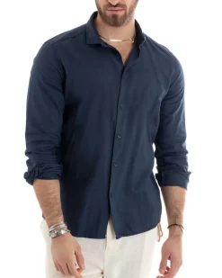 Camicia Uomo Lino Collo Francese Sartoriale Blu C2712A