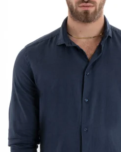 Camicia Uomo Lino Collo Francese Sartoriale Blu C2712A