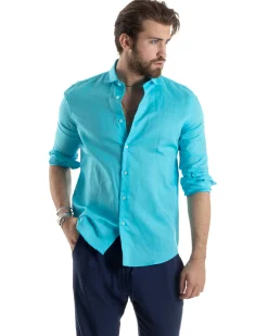 Camicia Uomo Lino Collo Francese Sartoriale Turchese C2726A