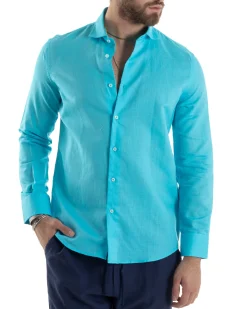 Camicia Uomo Lino Collo Francese Sartoriale Turchese C2726A