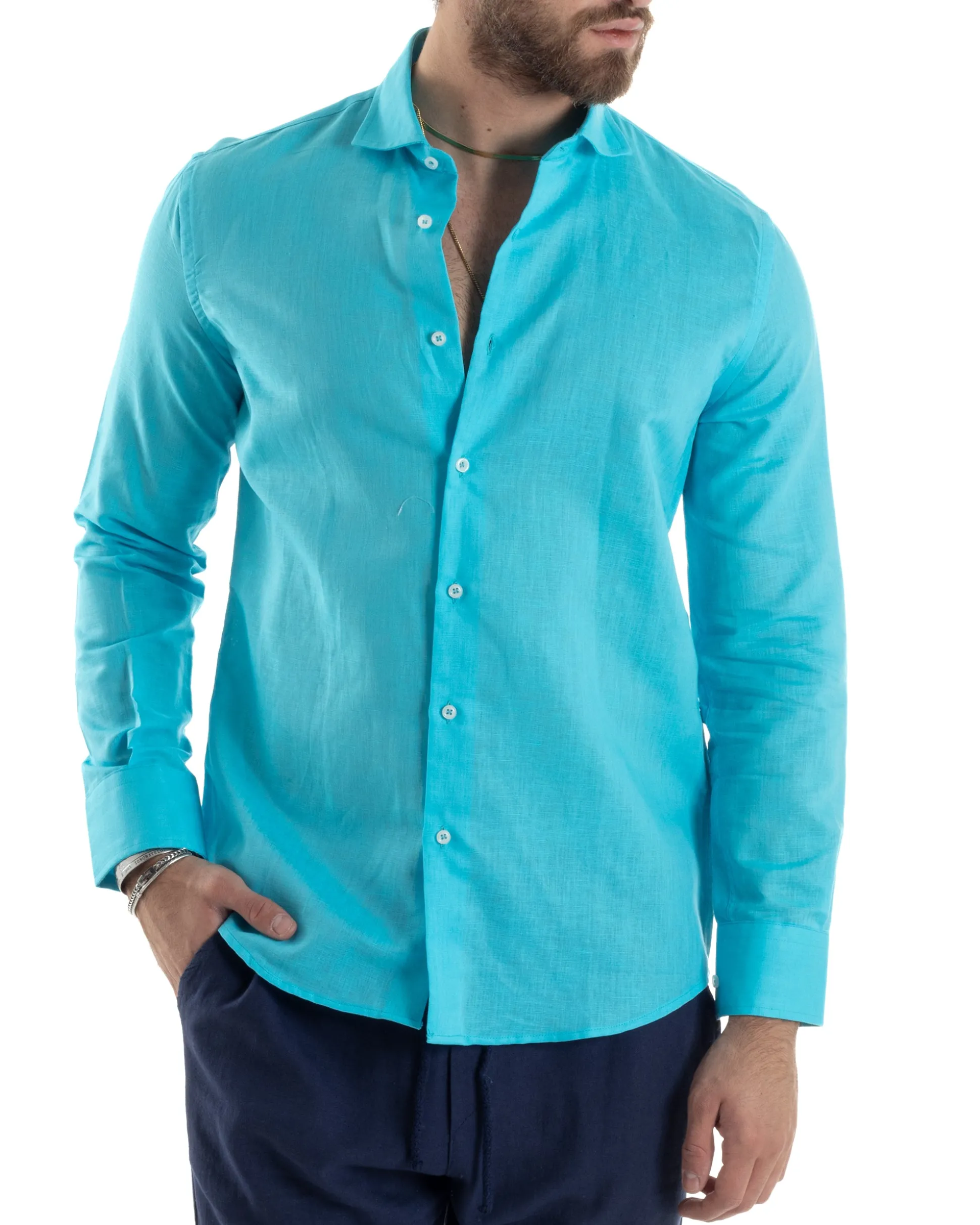 Camicia Uomo Lino Collo Francese Sartoriale Turchese C2726A