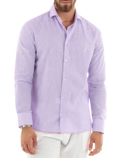Camicia Uomo Lino Collo Francese Sartoriale Lilla Melangiata C2877A