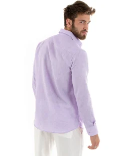 Camicia Uomo Lino Collo Francese Sartoriale Lilla Melangiata C2877A