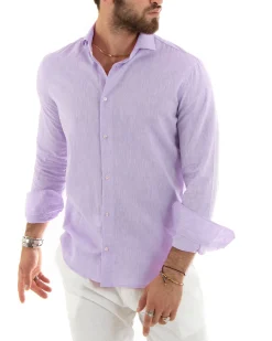 Camicia Uomo Lino Collo Francese Sartoriale Lilla Melangiata C2877A