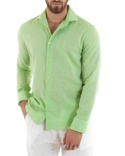 Camicia Uomo Lino Collo Francese Sartoriale Verde Acido Melangiata C2683A