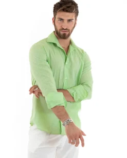 Camicia Uomo Lino Collo Francese Sartoriale Verde Acido Melangiata C2683A
