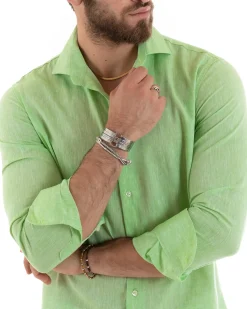Camicia Uomo Lino Collo Francese Sartoriale Verde Acido Melangiata C2683A