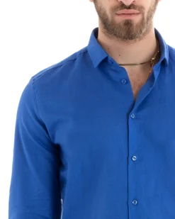 Camicia Uomo Lino Collo Francese Sartoriale Blu Royal C2717A