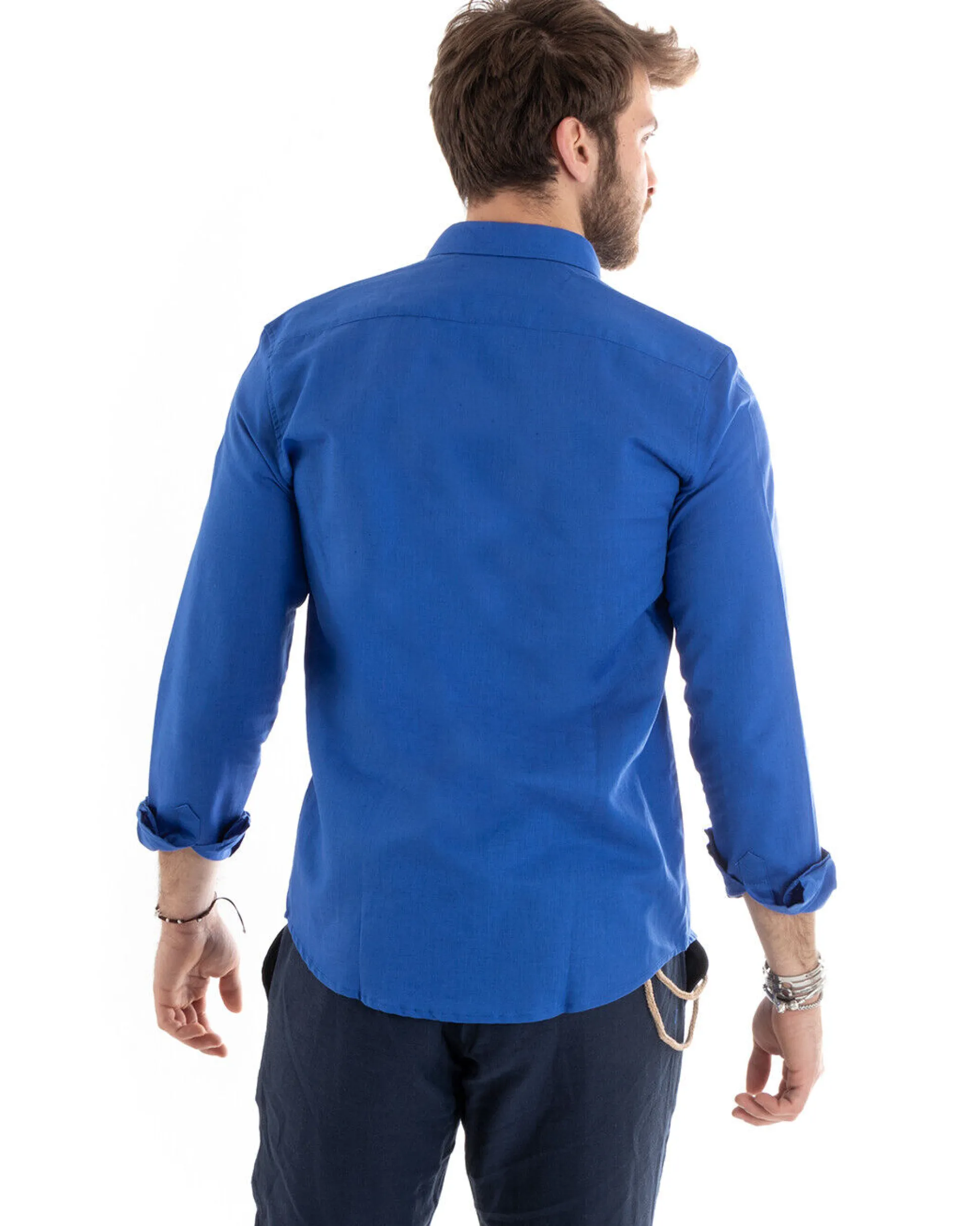 Camicia Uomo Lino Collo Francese Sartoriale Blu Royal C2717A