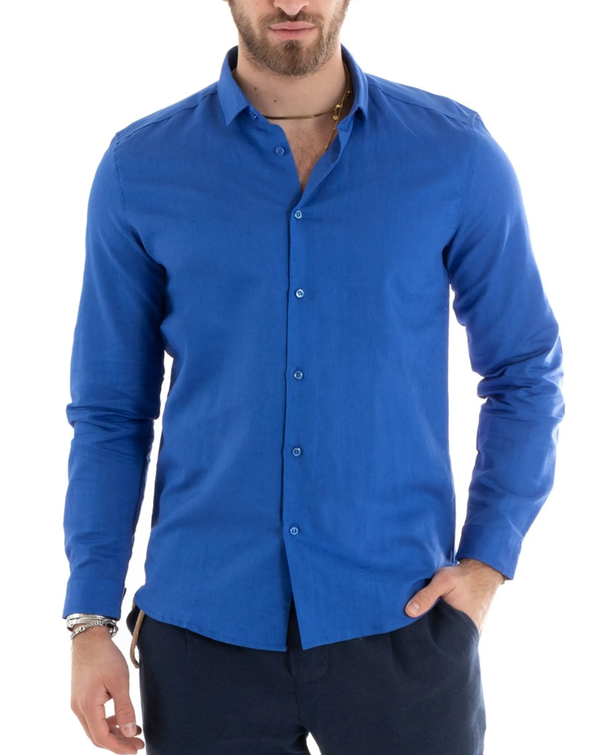 Camicia Uomo Lino Collo Francese Sartoriale Blu Royal C2717A