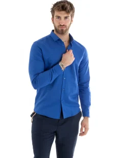 Camicia Uomo Lino Collo Francese Sartoriale Blu Royal C2717A